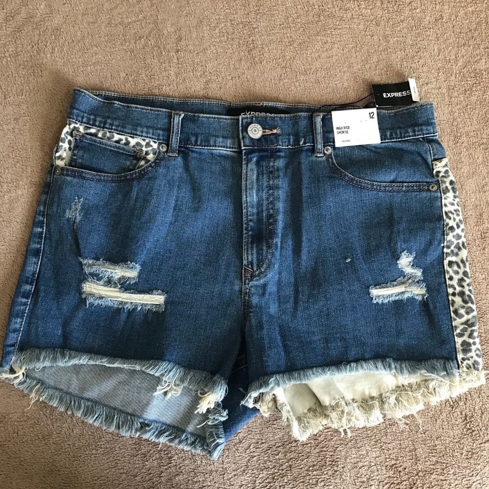 Express Womens High Rise Shortie Shorts Blue Size 12 Denim NWT New